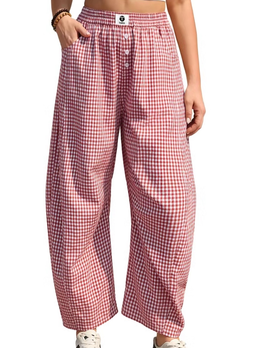 Tarse Linen Gingham Barrel Loose Pants